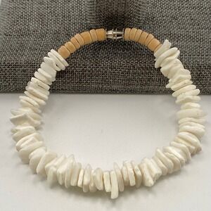 Vintage White Puka Shell Bracelet Heishi Wood Bead  8 Inch Beach Boho